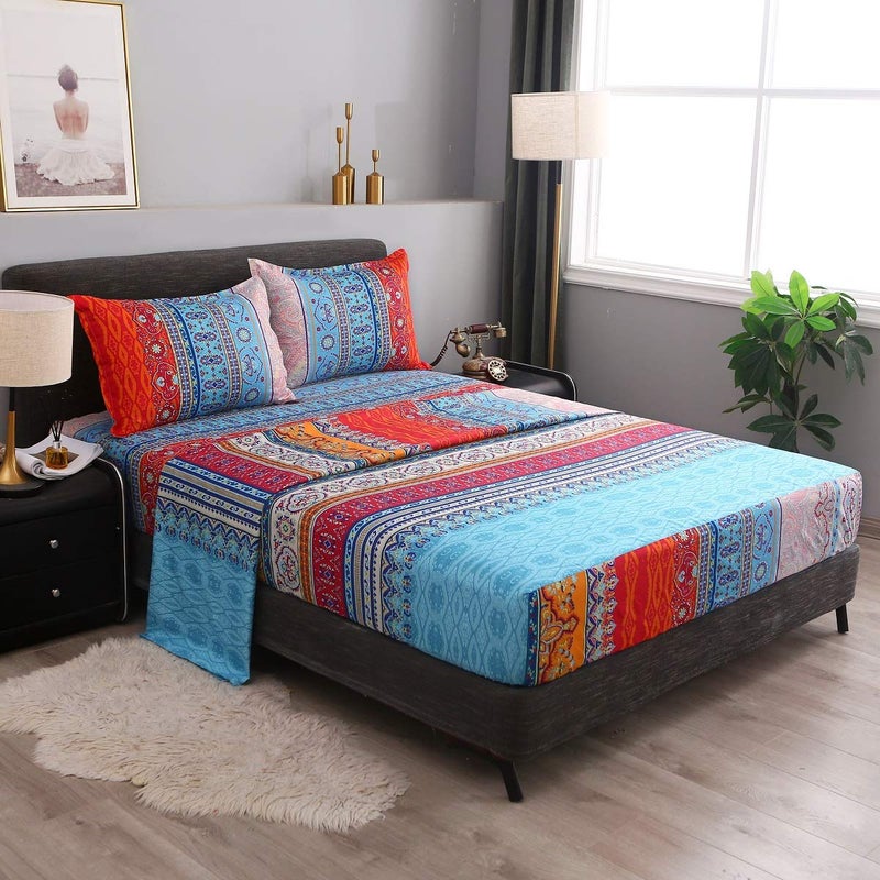 Pangzi Bohemian Sheet Set,Retro Bed Sheets 16 inch Deep Pockets,1 Fitted Sheet, 1 Flat, 2 Pillow Cases - 4 Piece (Queen, A) - Image 1